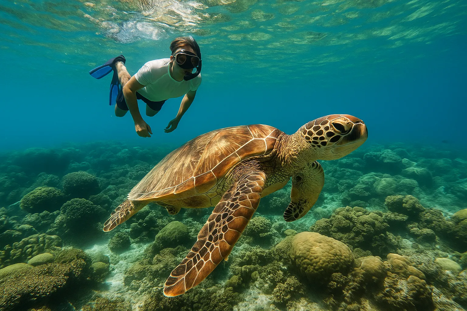Snorkeler exploring vibrant coral reefs in the crystal-clear waters of the Gili Islands, Lombok.