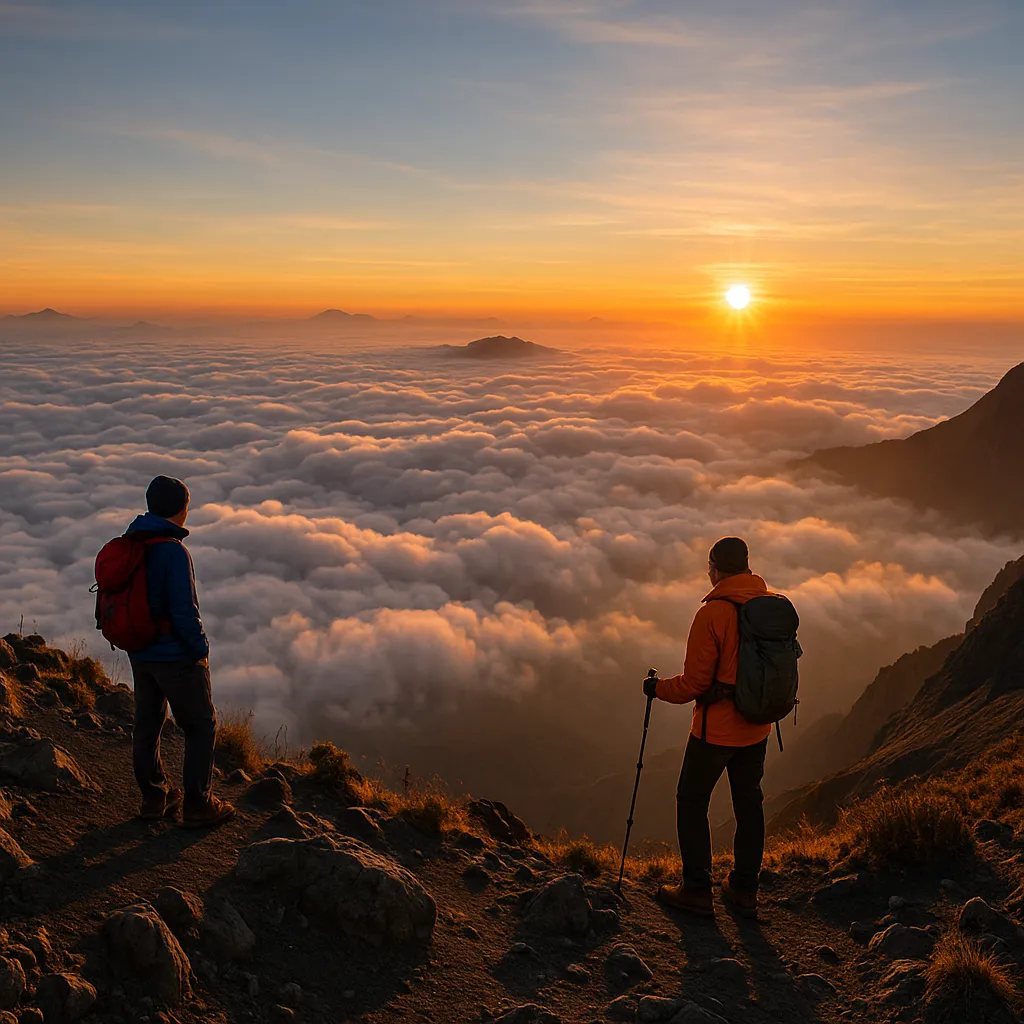 Stunning sunrise view from the summit of Mount Rinjani, with clouds swirling below the caldera and crater lake.