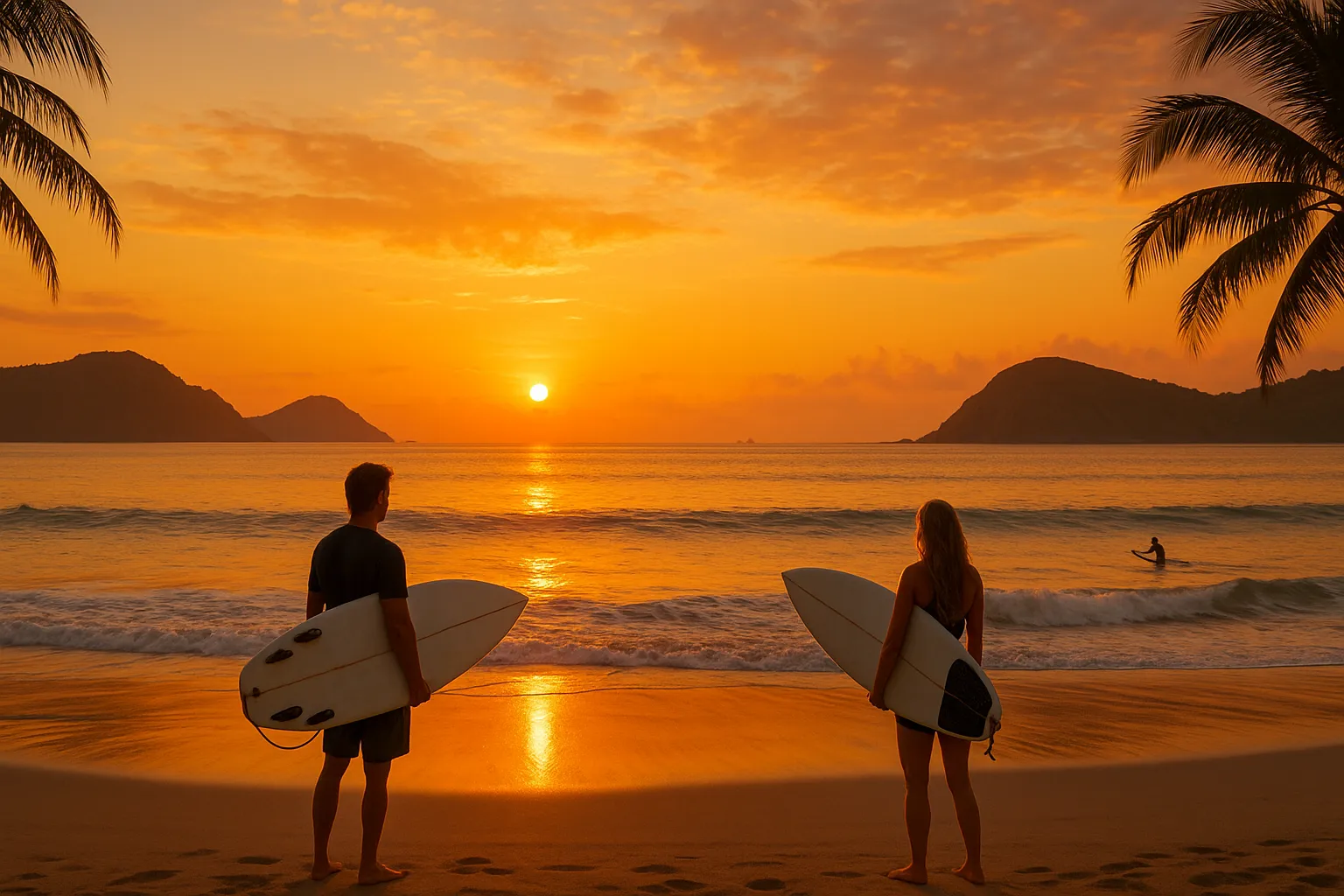 A serene sunrise casting golden light over Tanjung Aan Beach, Lombok, with its soft white sands and gentle waves.