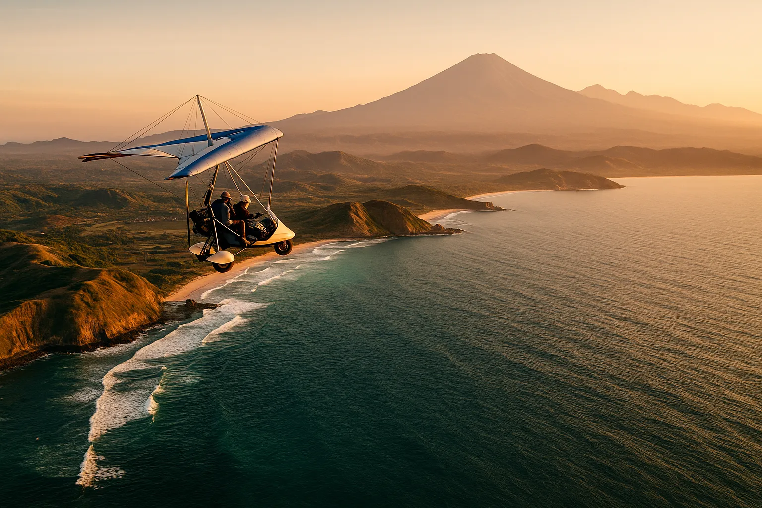 Breathtaking aerial view of Lombok's coastline and turquoise waters from a FlyLombok scenic flight.